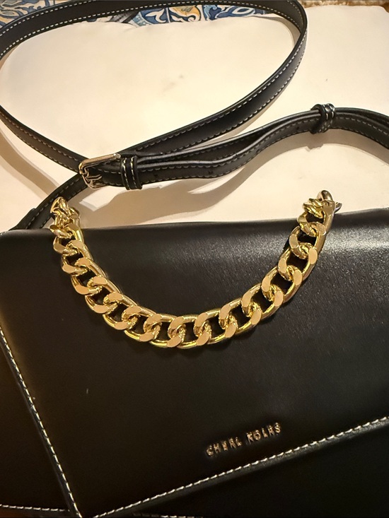 Handbags - Black Crossbody Handbag with Gold Chain Accent